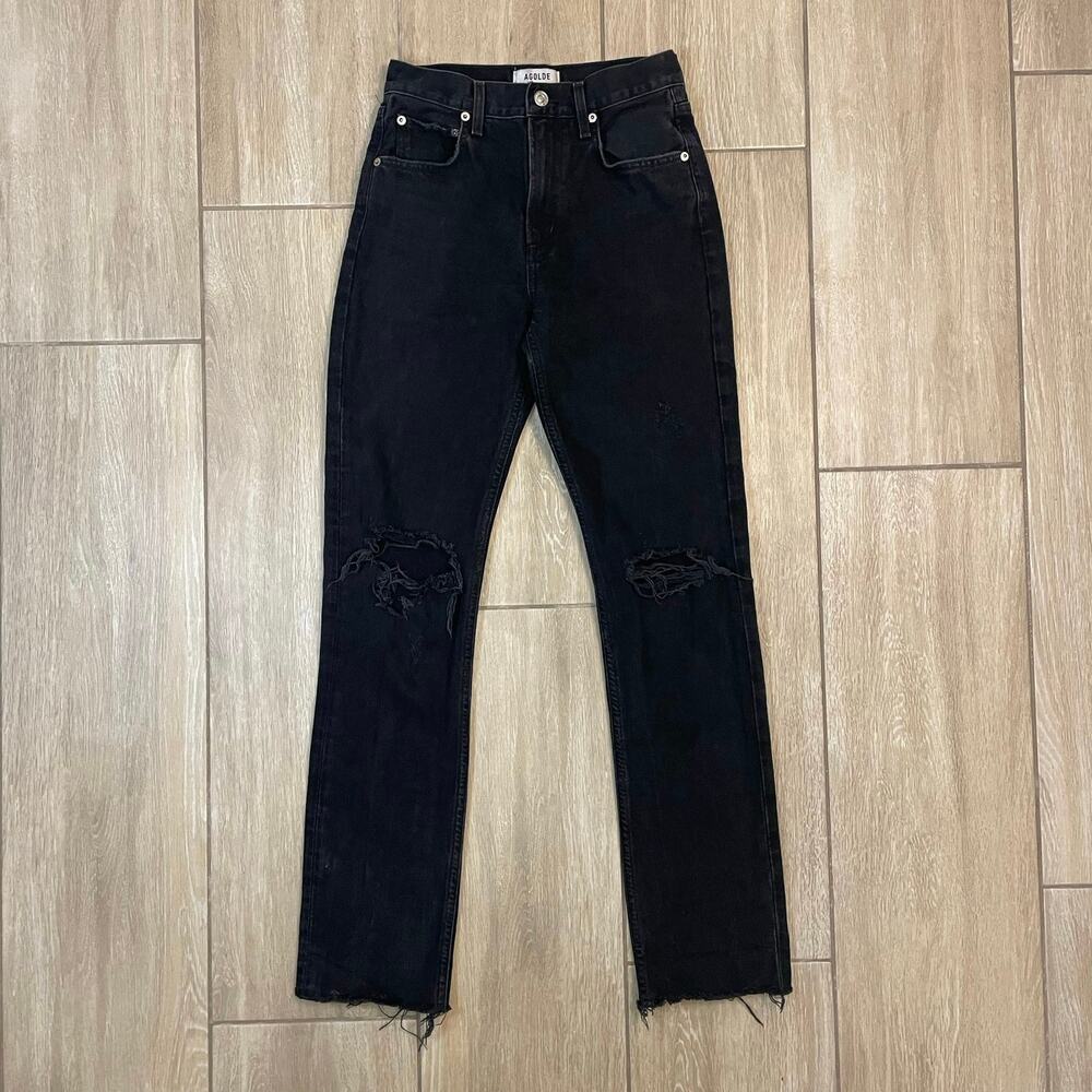 AGOLDE Cherie Jeans 24 Black High Rise Straight Leg Distressed Denim